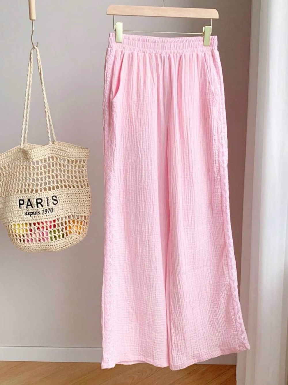 Boho pants gauze floral lace Women’s Pink Wide-Leg Lounge Pants